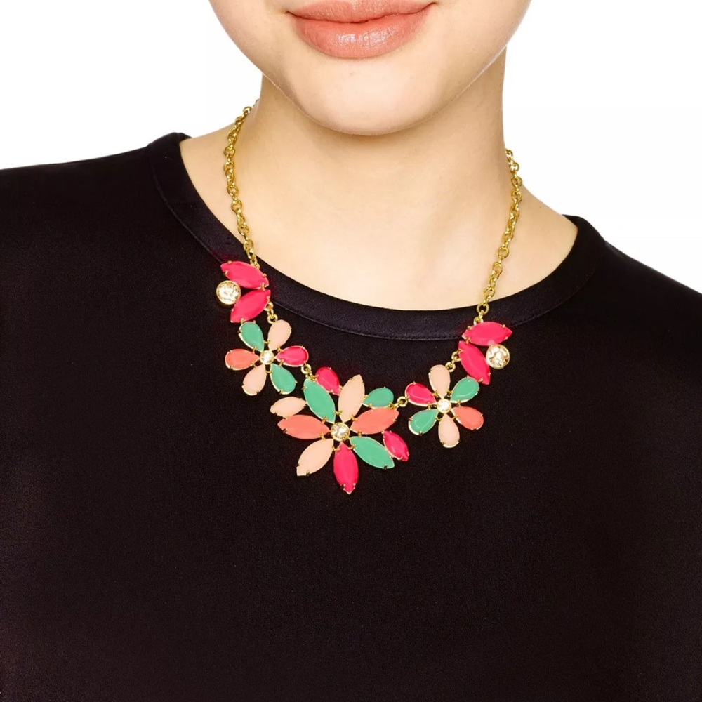 Kate Spade Gold Gardens Of Paris GREEN PINK Necklace flower crystals